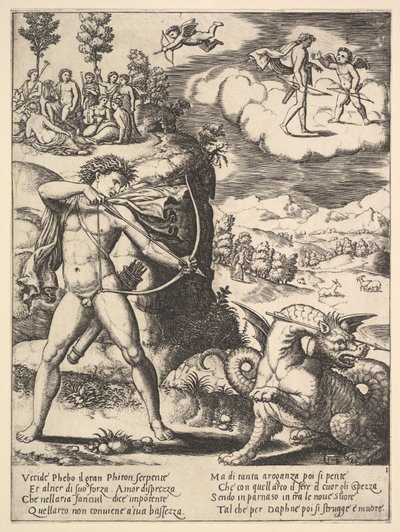Apollo steht links und schießt einen Python mit einem Pfeil, oben links sind die Muse..., 1530-60 von Master of the Die