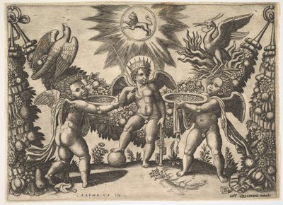 Zwei Putti präsentieren einem Putto in der Gestalt des Gottes des Reichtums goldgefüllte Becher von Master of the Die