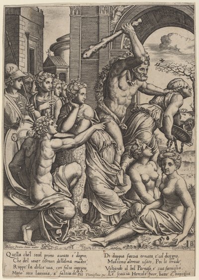 Neid aus dem Tempel der Musen vertrieben von Master of the Die after Baldassare Peruzzi
