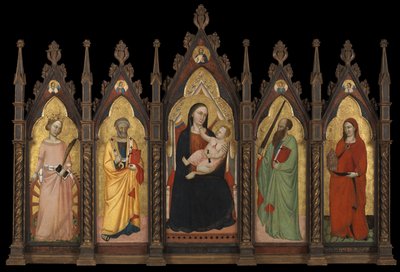 Polyptychon - Madonna mit Kind auf dem Thron mit vier Heiligen von Master of the Dominican Effigies