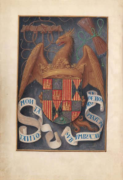Stundenbuch der Königin Isabella der Katholischen, Königin von Spanien: Fol. 1v, Wappen und Mottos von Isabel la Católica von Master of the First Prayerbook of Maximillian