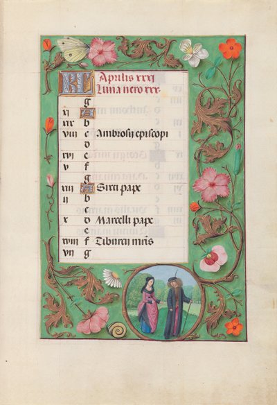 Stundenbuch der Königin Isabella der Katholischen, Königin von Spanien: Fol. 5r, April - Knappe und Jungfrau von Master of the First Prayerbook of Maximillian