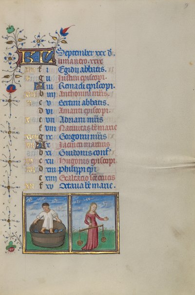Kalenderseite für September; Weinherstellung; Waage von Master of the Lee Hours