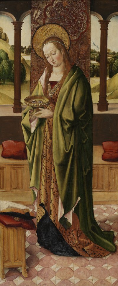 Triptychon der Jungfrau und des Kindes mit zwei Engeln, Detail der Heiligen Lucia vom rechten Flügel, ca. 1500 von Master of the Lee Triptych Master of the Lee Triptych