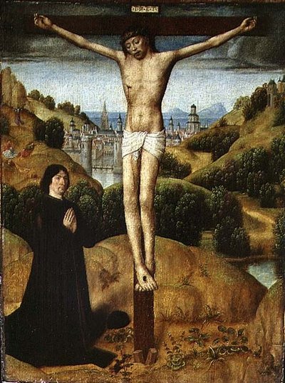 Christus am Kreuz mit einem Stifter, späte 1480er von Master of the Legend of St. Ursula
