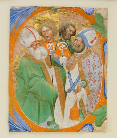 Manuskriptillumination mit vier Heiligen in einem Initial O, aus einem Chorbuch, 1440-50 von Master of the Murano Gradual