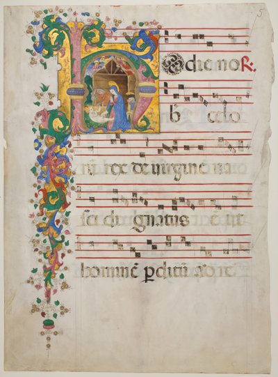 Manuskriptblatt mit der Geburt Christi in einem Initial H, aus einem Antiphonar von Master of the Riccardiana Lactantius