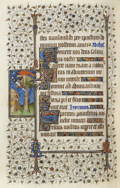 Ms 62 f.132v Geflügelte Figur in einem Baumwipfel mit Buch, durchbohrt von einem Schwert, aus den 