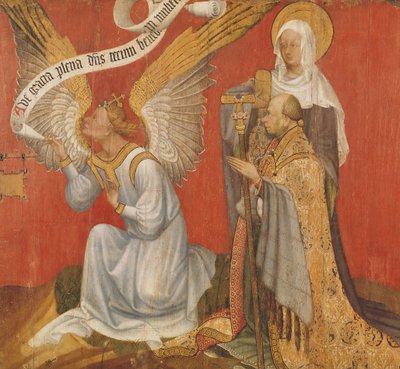 Tafel eines Diptychons darstellend den Engel der Verkündigung, den Stifter und eine weibliche Heilige, möglicherweise St. Maria Magdalena, ca. 1420 von Master of the Rohan Hours