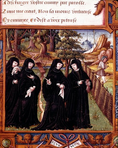 Darstellung der Königin von Navarra, Margarita von Angoulême, im Gespräch mit ihren Begleiterinnen von Master of the Rohan Hours