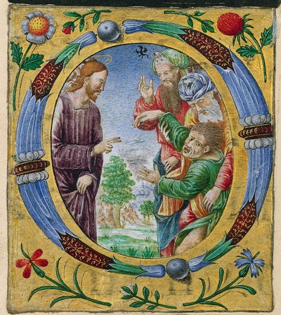 Ausschnitt aus einem Missale: Initiale O mit Christus, der einen Exorzismus durchführt von Matteo da Milano