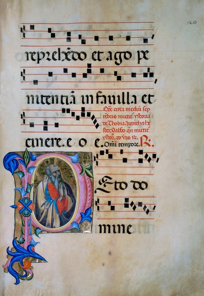 Illuminierte Initiale mit der Figur des Erzengels Michael, der die Dämonen besiegt (Corale 5, ca. 105v), für Chorbuch 5 von Santa Maria degli Angeli von Matteo di Filippo Torelli
