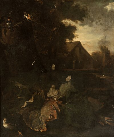 Waldboden-Stillleben mit einem Buchfink, einer Schwalbe, anderen Vögeln und Schmetterlingen, Landschaft mit einem Bauernhaus im Hintergrund von Matthias Withoos