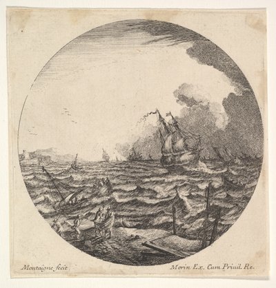 Sturm in einer Rundkomposition, links werfen Wellen ein kleines Schiff mit sieben Personen um, ca. 1625-60 von Matthijs van Plattenberg