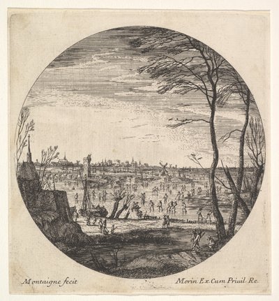 Winterlandschaft mit Schlittschuhläufern auf einem zugefrorenen Gewässer von Matthijs van Plattenberg