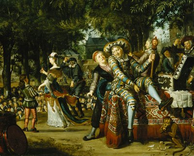 Eine Truppe von Schauspielern, die vor einer Menge auftreten von Matthys Naiveu