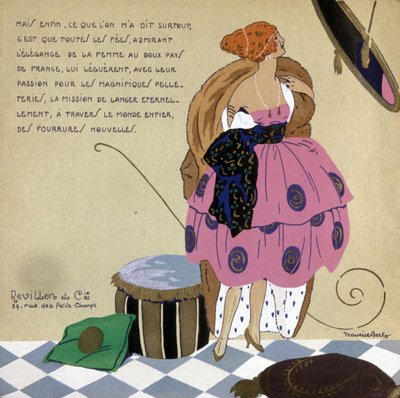 Frau vor ihrem Spiegel, Werbung für Revillon-Pelze, ca. 1920-1930 (Illustration) von Maurice Berty