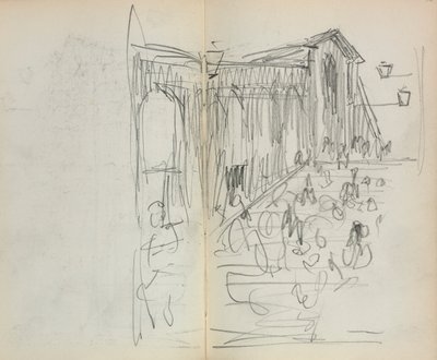 Italienisches Skizzenbuch: Brücke mit Figuren Seite 95 & 96, 1898-1899 von Maurice Brazil Prendergast