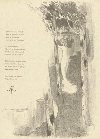 Illustration mit stehender nackter Frau zwischen Bäumen bei einem See bei Gedicht Petit Air von Stéphane Mallarmé (L