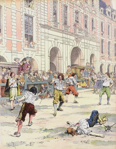 Boutteville und Beuvron fechten ein Duell auf der Place Royale von Maurice Leloir