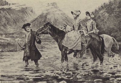 Jean-Jacques Rousseau hilft zwei jungen Frauen, einen Bach zu überqueren (Gravur) von Maurice Leloir