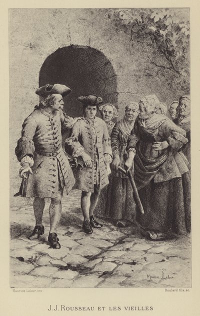 Jean-Jacques Rousseau mit den alten Frauen (Gravur) von Maurice Leloir