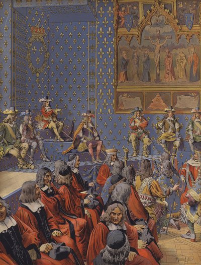 König Ludwig XIV. sitzt in Stiefeln im Parlament von Maurice Leloir