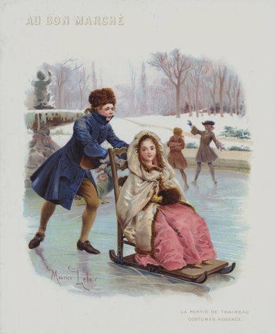 Schlittenfahren auf Eis, Kostüme der französischen Regentschaftszeit (1715-1723) (Chromolithographie) von Maurice Leloir