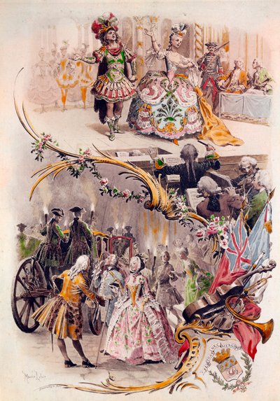 Hochzeitsmenü mit Illustration von Maurice Leloir (1851-1940) von Bällen in Kostümen und galanten Szenen, 6/04/1900 von Maurice Leloir