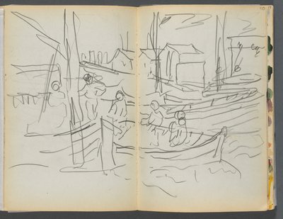 Skizzenbuch - The Granite Shore Hotel, Rockport, Seite 114 & 115: Figuren auf einem Segelboot von Maurice Prendergast