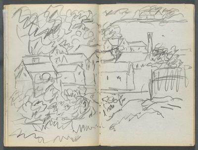 Skizzenbuch, The Dells, Nr. 127, Seite 096 & 97: Landschaft mit Häusern von Maurice Prendergast