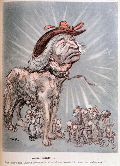 Karikatur von Louise Michel als Hund „Rasse Neufundländer, keine Belohnung, verbrachte ihr Leben damit, die Unglücklichen zu retten.“ von Maurice Radiguet