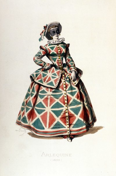 Harlekinkostüm und Maske im Jahr 1855, weibliche Figur des Harlekin in der Commedia dell