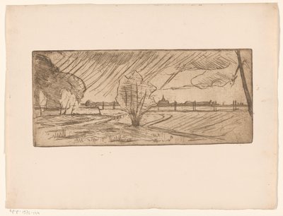 Landschaft mit Bäumen und Kirche von Maurits van der Valk