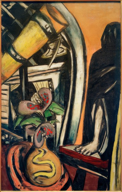 Atelier (Nacht). Stilleben mit Fernrohr und verhüllter Figur von Max Beckmann