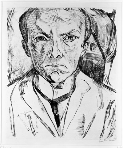 Selbstbildnis von vorn, im Hintergrund Hausgiebel von Max Beckmann