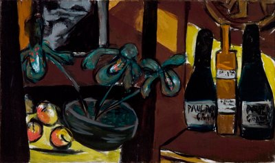 Stillleben in Braun und Gelb (Champagnerflaschen und Orchideen) von Max Beckmann