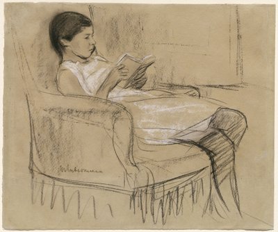 Die Tochter des Künstlers Käthe liest in einem Stuhl von Max Liebermann