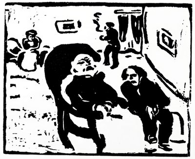 Holzschnitt, der Menschen in einem Loungebereich darstellt von Max Pechstein