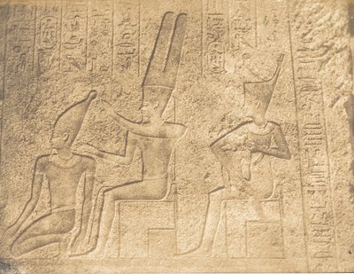 Äußere Skulpturen des Granitheiligtums des Palastes von Karnak, Ammon sichert die c..., 1849-50 von Maxime Du Camp