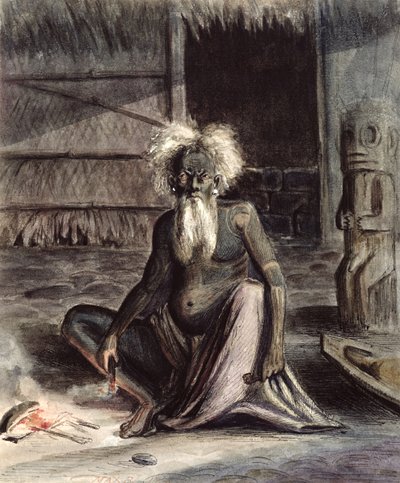 Alter Mann von Tahiti sitzt in der Nähe eines Tiki, ca. 1841-48 von Maximilien Radiguet