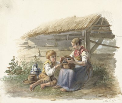 Mädchen und Junge mit einem Körbchen junger Vögel von Maximilienne Guyon