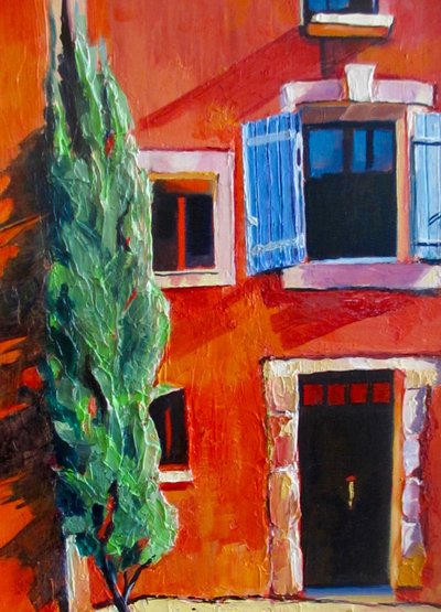Rotes Haus mit blauen Fensterläden von Maxine Shore
