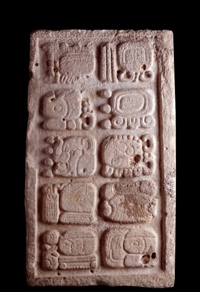 Fragment einer Treppe mit Glyphen in niedrigen Reliefs. Guatemala, Museo Nazionale di Archeologia e Etnologia von Mayan Mayan