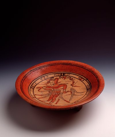 Präkolumbianische Kunst, Maya-Zivilisation, klassische Periode: Tripodenvase aus bemaltem Ton. Aus Peten, Guatemala von Mayan Mayan