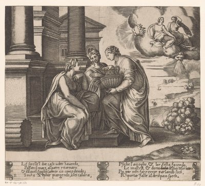 Psyche wird von ihren Schwestern besucht (Geschichte von Amor und Psyche) von Meester van de Dobbelsteen