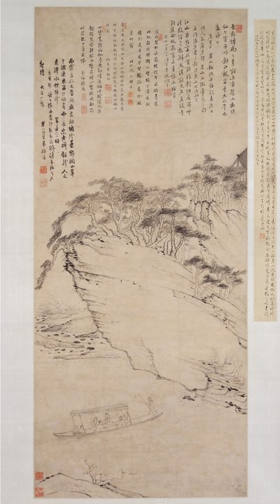Bootsfahrt auf einem Fluss unter einer Klippe, datierbar auf 1673 von Mei Qing