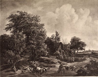 Bauernhof am Waldrand mit Wagen und Pferden von Meindert Hobbema