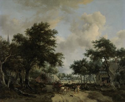 Waldlandschaft mit fröhlicher Gesellschaft in einem Wagen von Meindert Hobbema