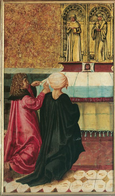 Ein Mann befiehlt sein Weib den Hll. Cosmas und Damian von Meister der Legendenszenen